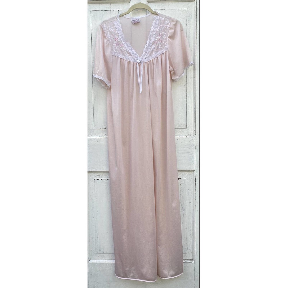 Featherbed Intimates Vintage Nightgown Light Pink Babydoll Dress Silky Lace Trim